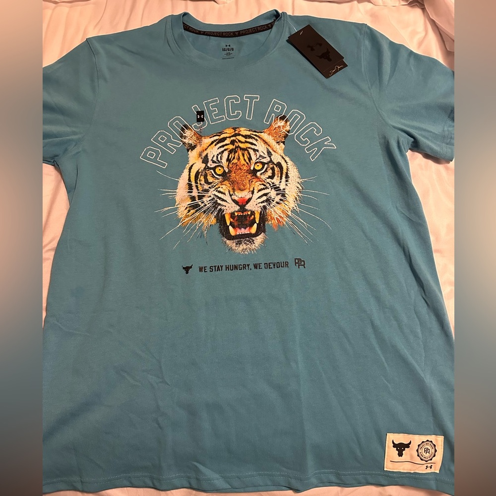Under Armour Project Rock Men's Large T-Shirt Stay Hungry Tiger Blue